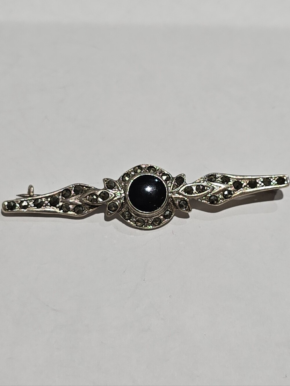 Vintage onyx inlay with Marcasite sterling silver brooch